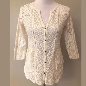 Lucky Brand Cream Lace Button Blouse Bohemian